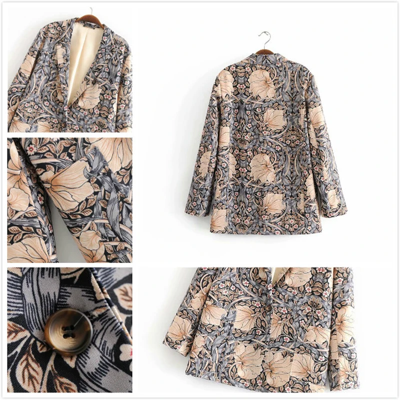 2019 Vintage Floral Print Women's Pant Suits Single Button Office Ladies Blazer Coat And Wide leg Trouser Female Two Piece Sets