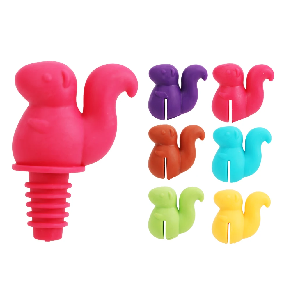 HILIFE Drink Cup Silicone Marker Cute Squirrel Shape Wine Bottle Stopper Rubber Wine Glass Label Wine Cork Plug 7 pcs/set