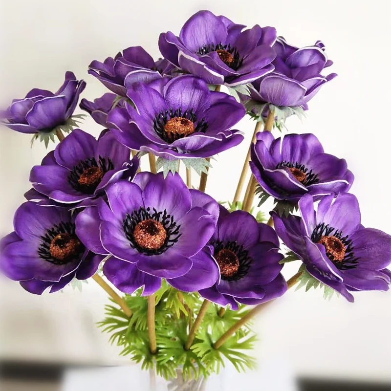 

Artificial Anemones Flowers Real Touch Poppy Branches Purple Center For Wedding Bouquets Centerpieces DIY Home Decoration 10pcs