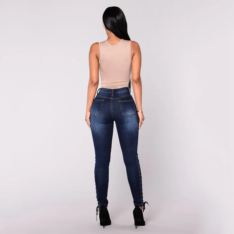 LITTHING Women Jeans Lace Up Hole Tight Ripped Autumn Womens Fashion Hollow Out Cross Strap Bandage Pencil Pants Sexy 2018 Jeans