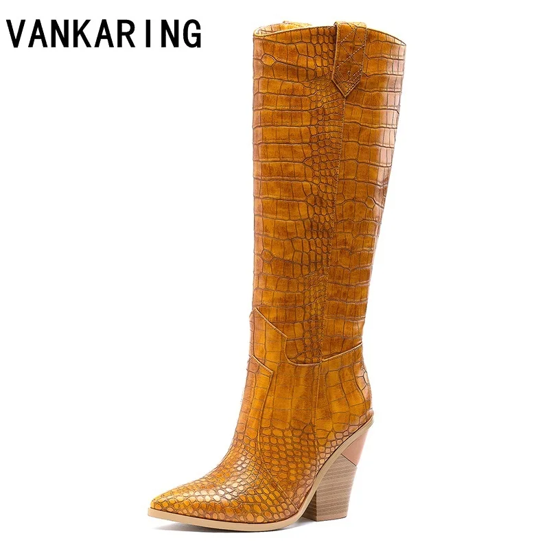 

brand shoes sexy high heel PU leather cowboy women dress shoes autumn winter snow boots pointed toe woman knee high riding boots