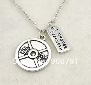 

Antique Silver plated 45LBS weight plate and rectangular i choose strength charms Chain Necklace,30pcs a lot