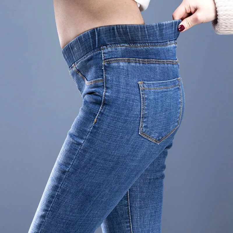 Baratos Harajuku pantalones lápiz de calle alta para mujeres coreano azul Denim Femme 2019 de talla grande Jeans cintura alta cintura elástica cintura