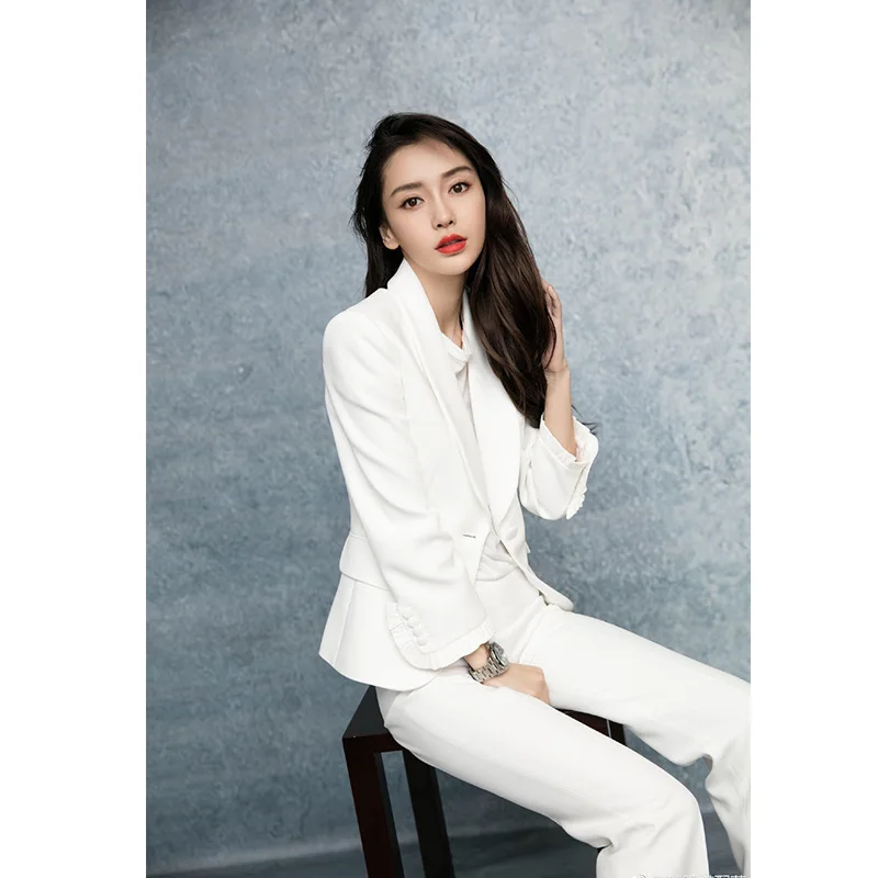 2019 Spring and Summer New Angelaby with Long Sleeves White Suit Leisure Women Notched Single Button Women Jackets and Coats