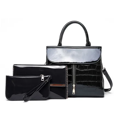 Красные/черные/синие сумки из крокодиловой кожи, женские сумки и сумочки, набор из 3 предметов, яркие лакированные кожаные сумки-тоут+ сумка через плечо с цепочкой - Цвет: black
