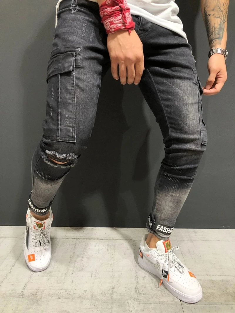 Несколько моделей, мужские винтажные уличные рваные байкерские джинсы в стиле хип-хоп, потертые мужские мотоциклетные джоггеры, обтягивающие джинсовые штаны 40
