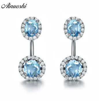 

AINUOSHI Natural Blue Topaz Round Halo Earring 3 Carat Gems Silver Push Back Earrings Trendy Pierced Earring Jewelry for Women
