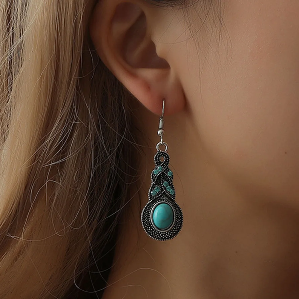 

Tibetan Silver Pendant Earrings Natural Stone Howlite Drop Earrings for Women Girl Pendientes Largos Turquesa Jewelry 1PAIR