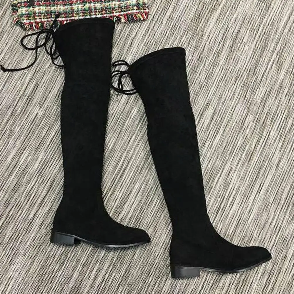 black Flock 2.5 Heel Новинка; модные ботфорты наивысшего качества на массивном каблуке; женская обувь; сезон осень-зима; женские высокие сапоги - Color: black Flock 2.5 Heel