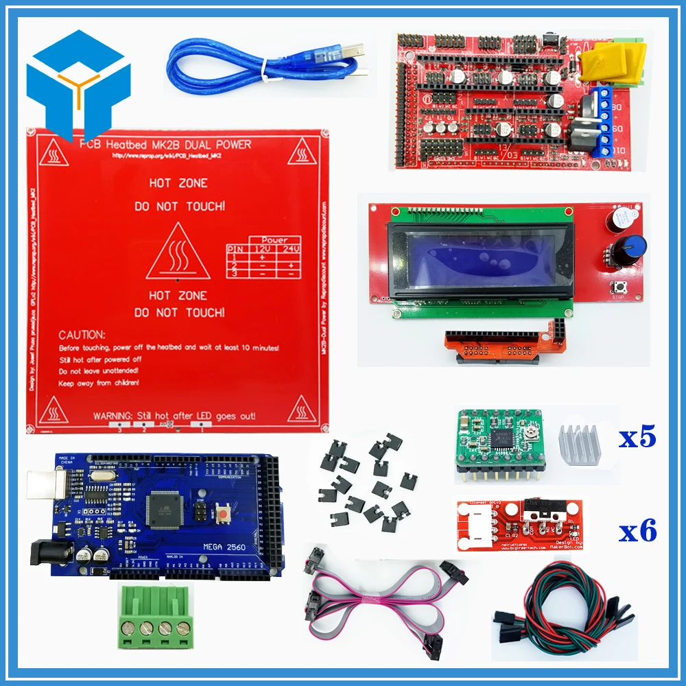  Reprap Ramps 1.4 Kit With Mega 2560 r3 + Heatbed mk2b + 2004 LCD Controller + A4988 Driver + Endstops + Cables For 3D Printer 