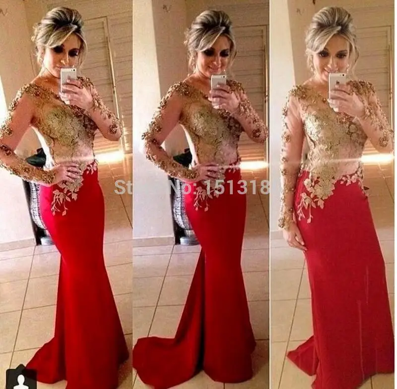 Hot 2015 Popular Sexy Sheer Gold Applique Red Women Formal Evening Dresses With Long Sleeves Mermaid Party Dresses Sweep Train Prom Dresses 164.jpg