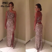 Продвижение вечернее платье с низким вырезом на спине платье на одно плечо с боковой Разделение, украшенное стразами и кристаллами, с Пол Длина ярко-розовый Формальное длинное платье для выпускного вечера