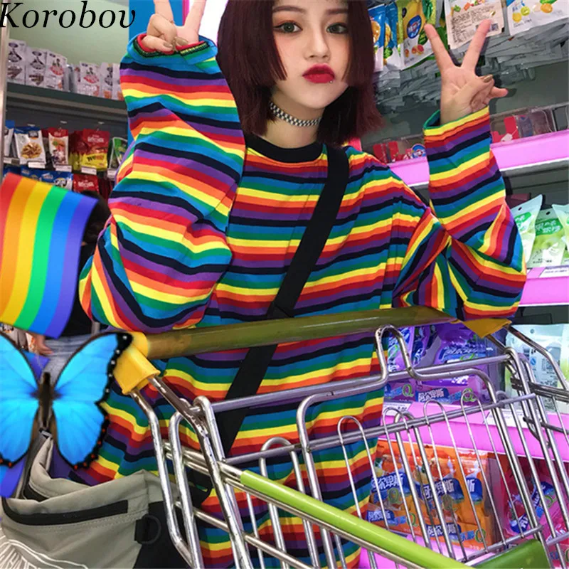 Korobov Rainbow Striped Hoodies Long Sleeve Harakuju Hoodie Female Sweatshirt Loose Women Pullover Tops 76204