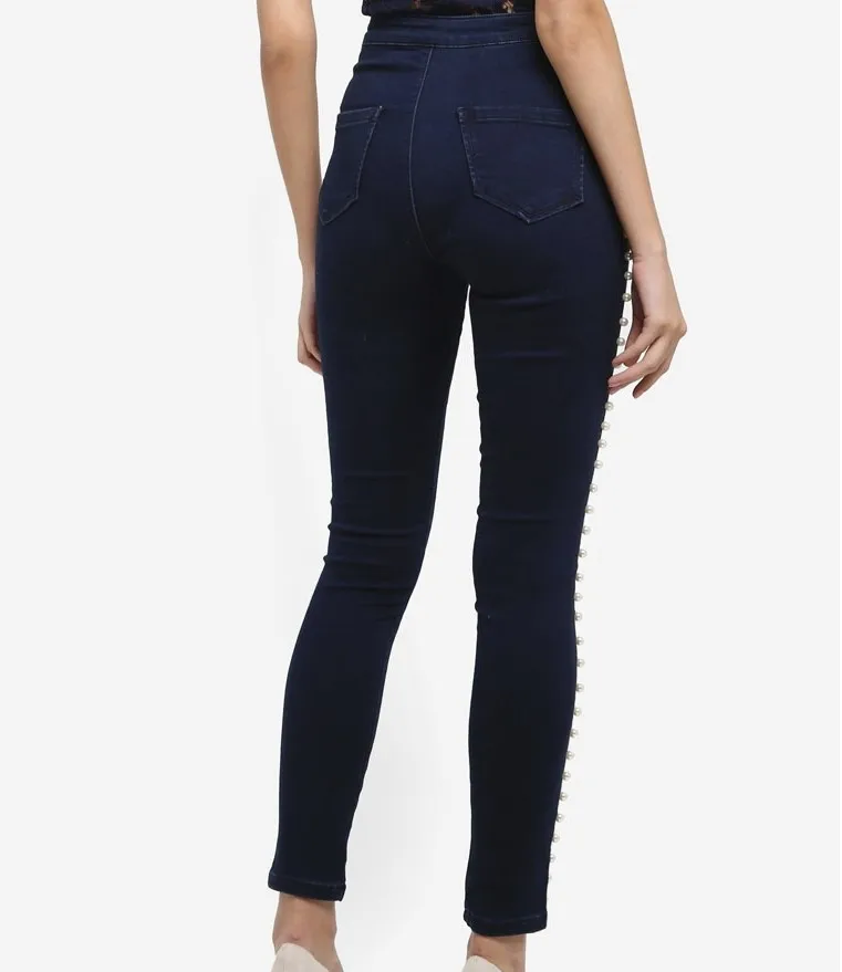 CatonATOZ 2179 Женские джинсы большого размера плюс с высокой талией и жемчугом сбоку, обтягивающие джинсовые штаны, брюки, Стрейчевые джинсы для женщин
