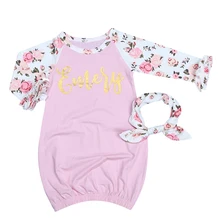 2 предмета, розовая ночная сорочка с длинными рукавами и принтом для новорожденных девочек+ повязка на голову, пижама, одежда для сна и халаты, одеяло