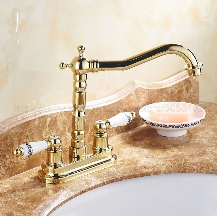 Роскошные золотые Цвет смеситель для ванной с душем и штангой поворотный Ванная комната Кухня Раковина кран смесителя 2 отверстие горячей