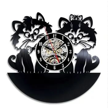 

Cute Cat Wall Clock Modern Design Living Room Decoration 3D Stickers Vinyl Record Clocks Wall Watches Home Decor Silent