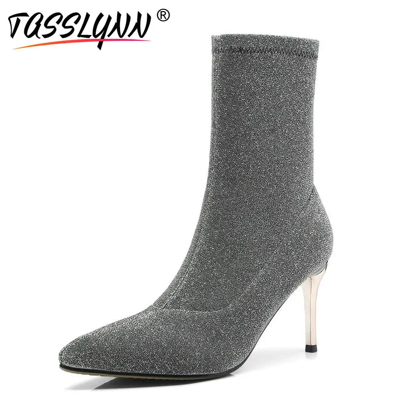 

TASSLYNN 2018 Women Boots Bling Stretch Fabric Thin High Heels PU Ankle Boots Autumn Shoes Pointed Toe Boots Woman Size 34-39