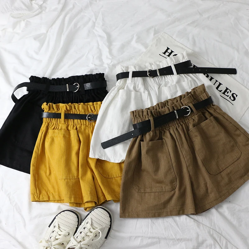 

4 Solid Color Womens Shorts Summer Korean Fashion Sashes Pockets Black Shorts Elastic Waist Casual Loose Belt White Short Mujer