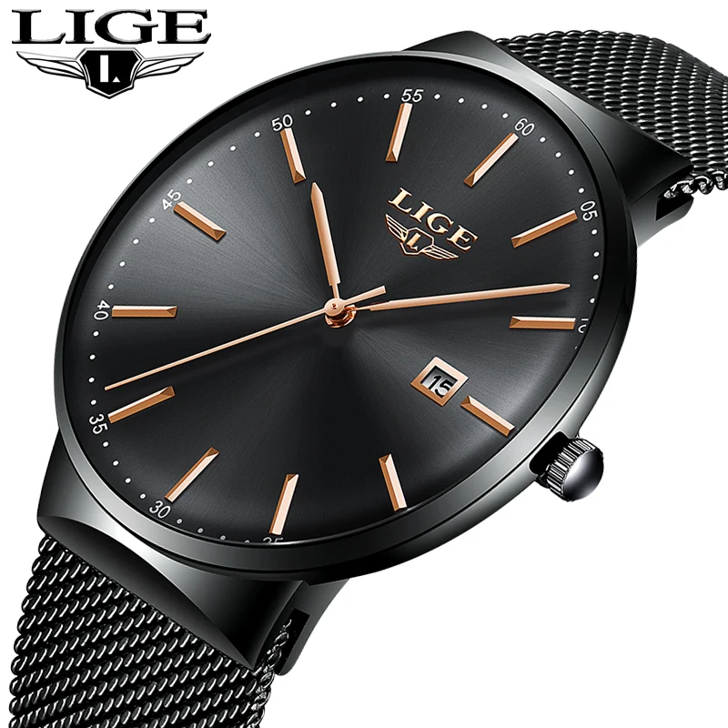 

LIGE Mens Fashion Watches Top Brand Luxury Quartz Watch Men Casual Slim Mesh Steel Waterproof Sport Clock Black Dress Watch 2019