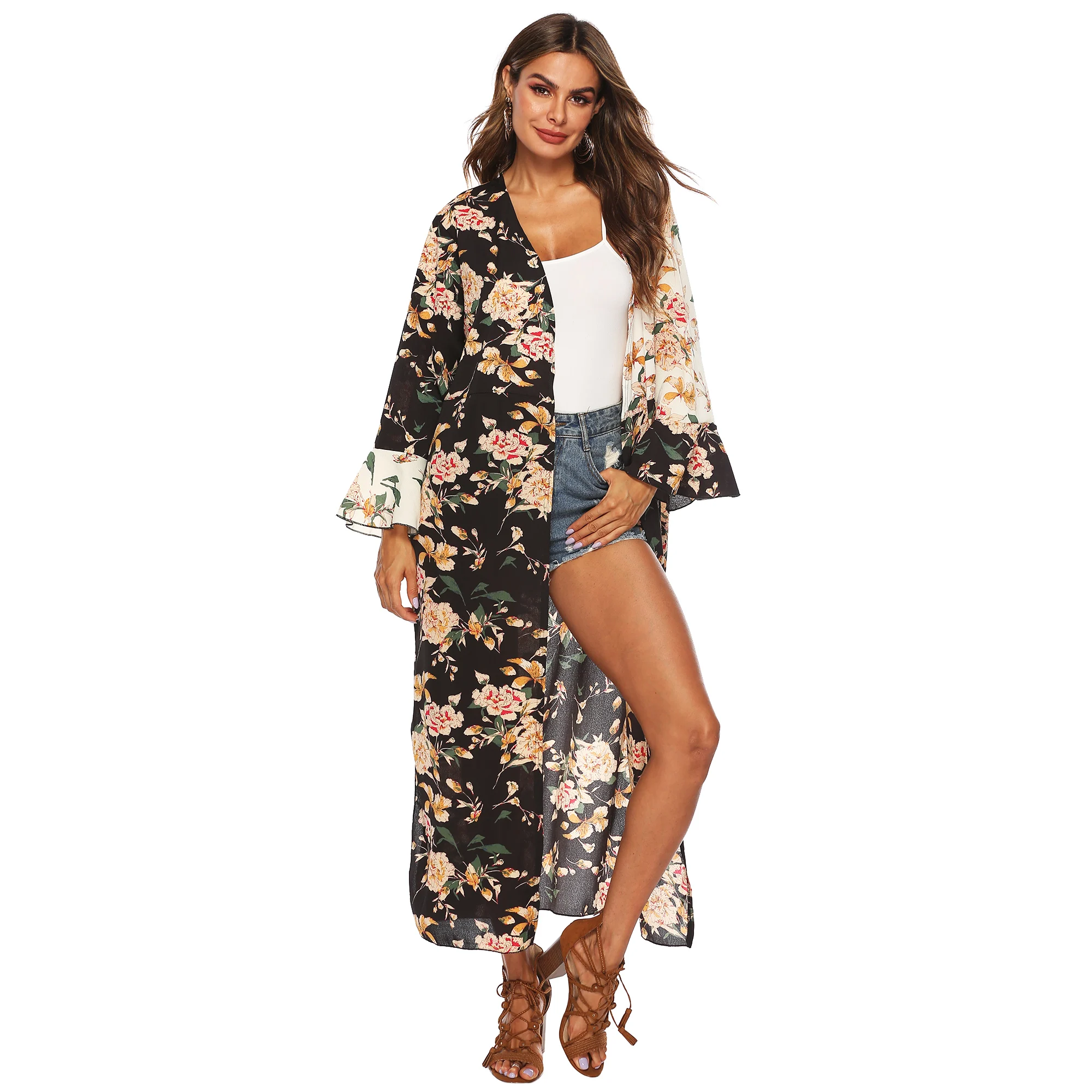 

2019 Fashion Women Irregular Printed Stitching Beach Bikini Slit Long Female Loose Sunscreen Cardigan Blouse