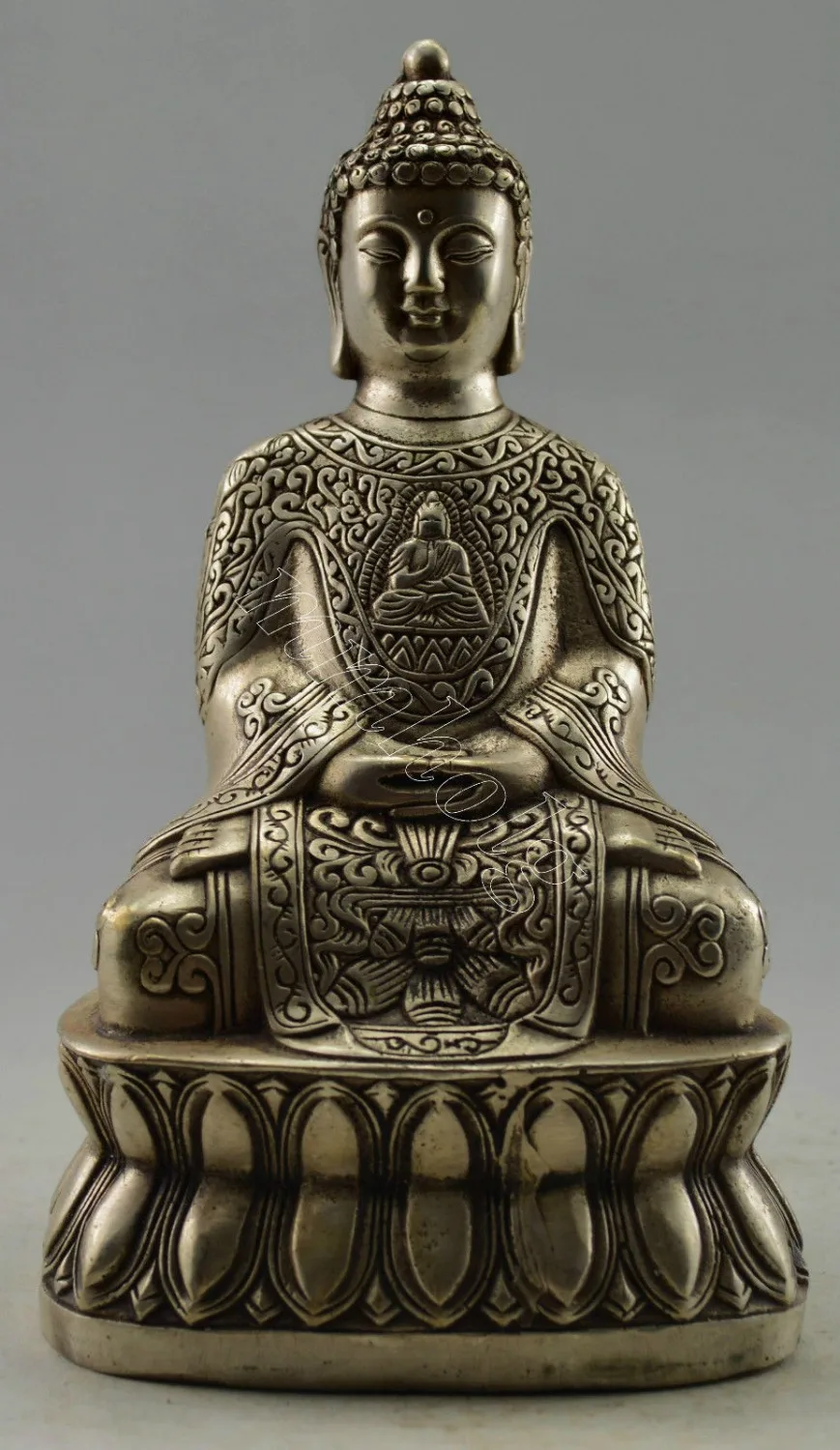 

Collectible Decorated Old Handwork Tibet Silver Carved Buddha Statue