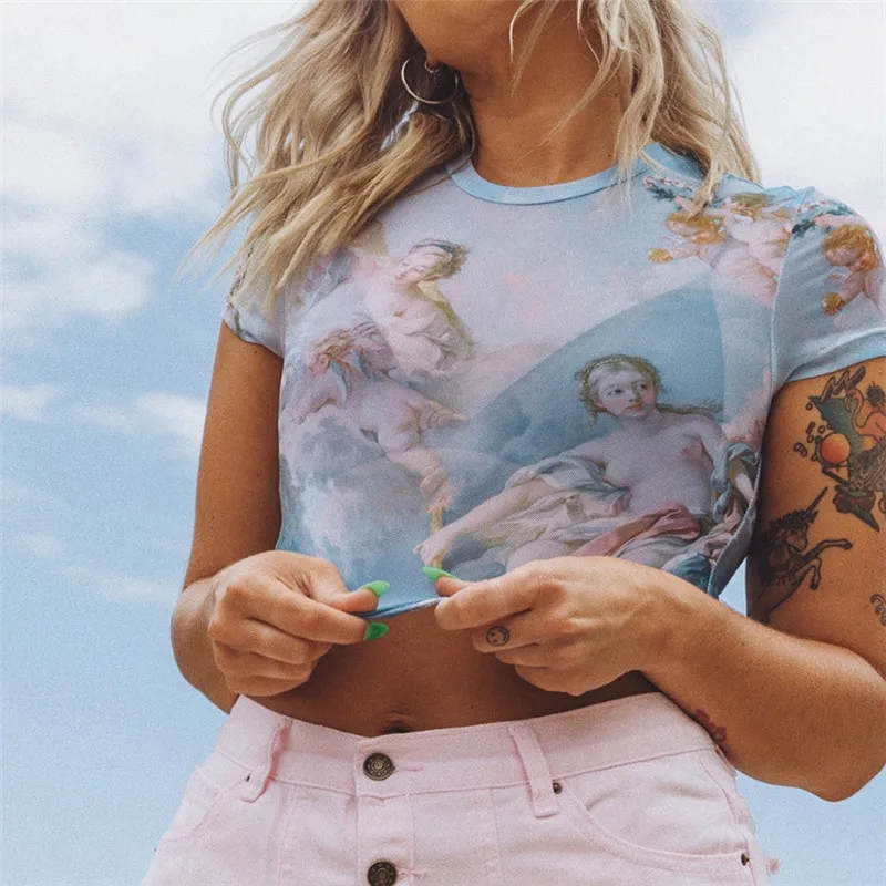 

InstaHot Mesh Angel Print See Through T Shirts Women O Neck Sexy Hollow Out Crop Tops Short Sleeve 2019 Spring Design Summer New