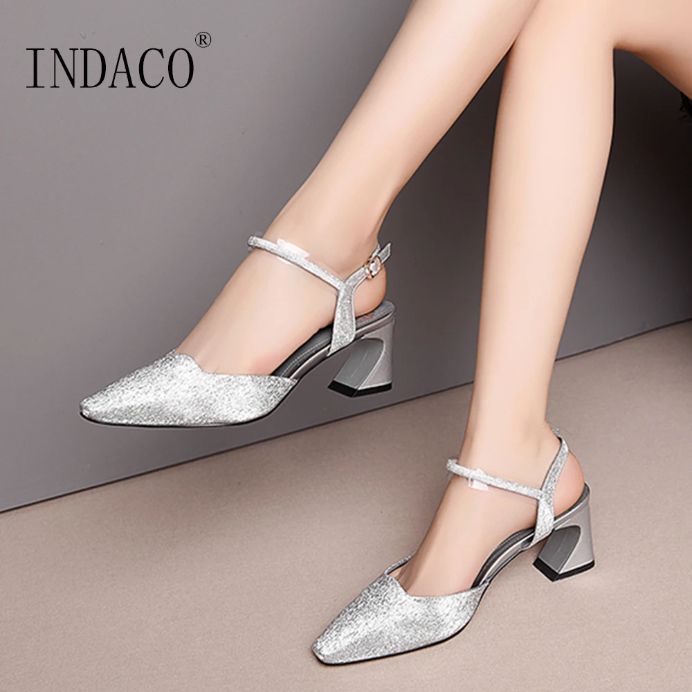 

Shoes Women Sandals Genuine Leather High Heels Sandals Pointed Toe Buckle Ankle Strap Pumps Thick Heel Party Shoes
