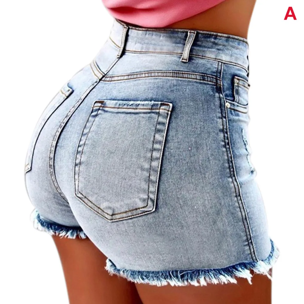 Women Short Jeans High Waist Tassel Hem Holes Hot Shorts for Summer KNG88 - Color: light blue A