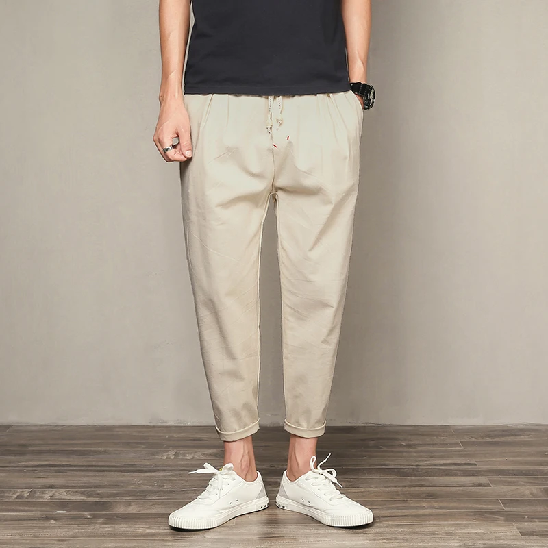 Men's Trousers Ankle length Linen Cotton Pant Mens Harem