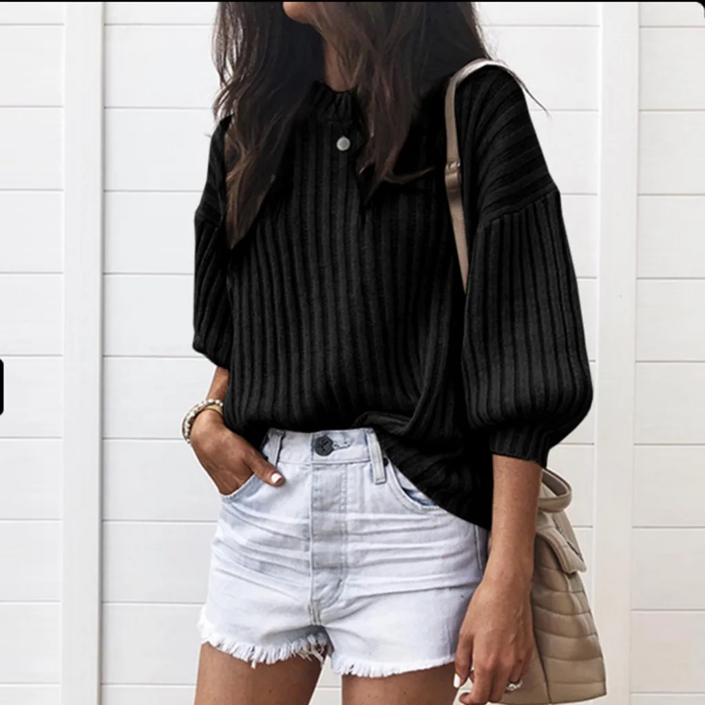 

Women Solid O-Neck Loose Knitted 3/4 Latern Sleeve Pollover Sweater Blouse Loose leisure Dropshipping #40