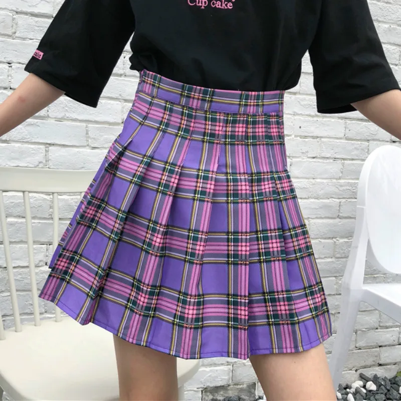 Фиолетовая клетчатая плиссированная юбка Harajuku с высокой талией Женская