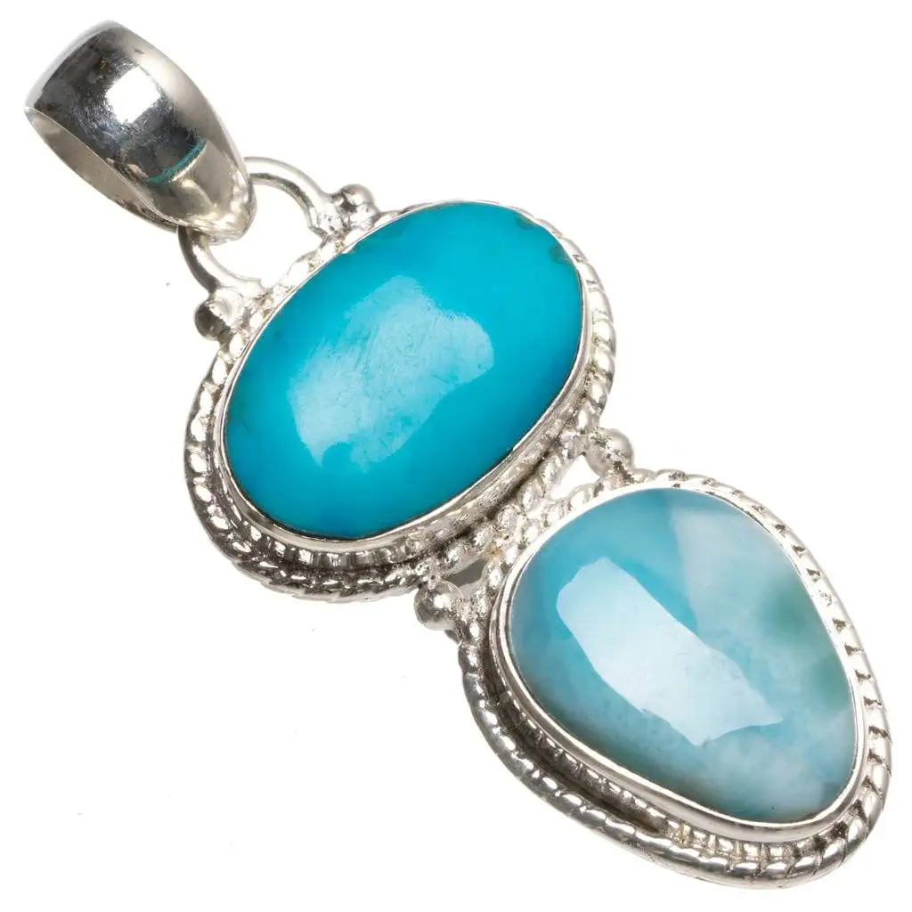 

Natural Caribbean Larimar and Turquoise Unique 925 Sterling Silver Pendant 1 3/4" T0073