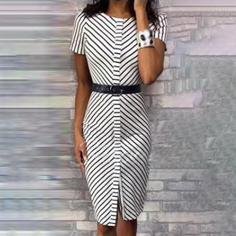 

office business dress Women Vertical Stripe Round Neck Bodycon Perfect for party Ball work wear pencil slim knee-length Dress