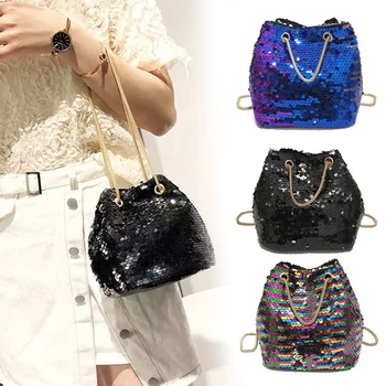 

2019 Bags Women Glitter Reversible Sequins Shoulder Bag Small Drawstring Bucket Chain Handbag Best Sale for Women Ladies Girls