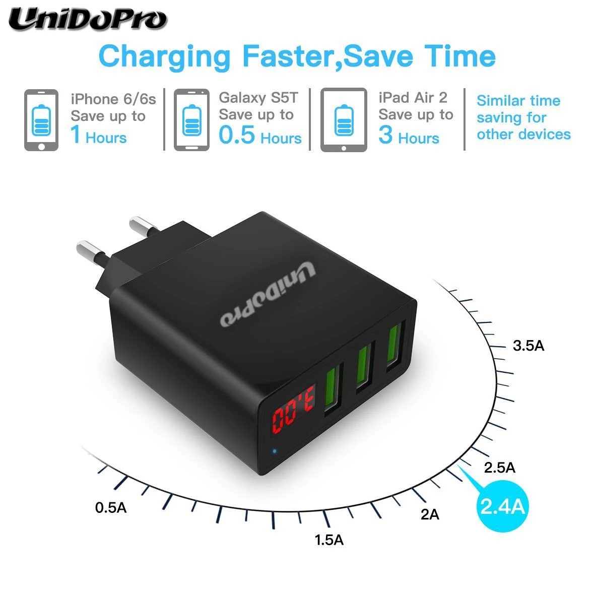 Unidopro 3-ميناء USB الاتحاد الأوروبي التوصيل AC الجدار شاحن ل Teclast P80 برو ، A10S ، ماستر T8 اللوحي 2.4A السفر Chargeur w/LED عرض