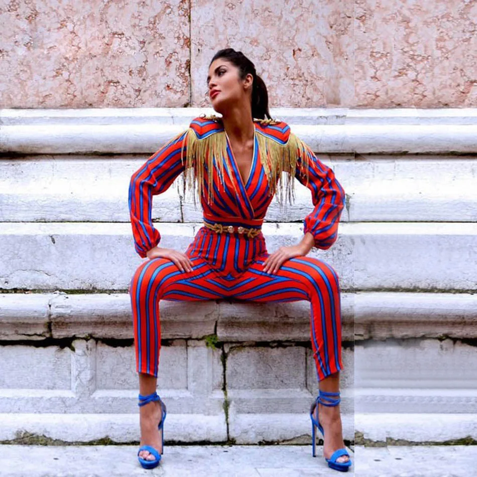 

New Runway Fringe Jumpsuits for Women Body For Women Celebrity Party Jumpsuit with Long Sleeve Red, Blue-striped Tassel Jumpsui