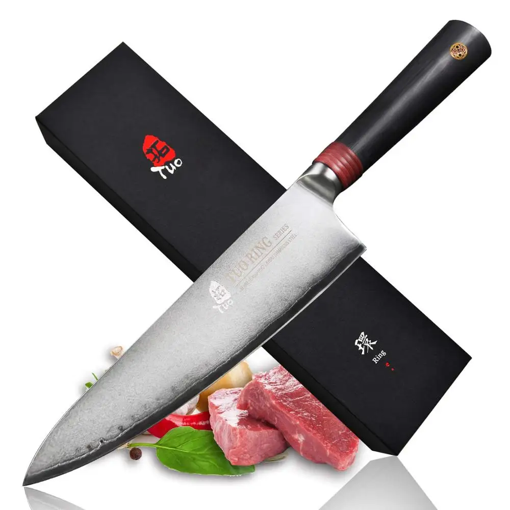 TUO Cutlery Chef Knife Damascus AUS 10 HC Rose Pattern Kitchen Chefs