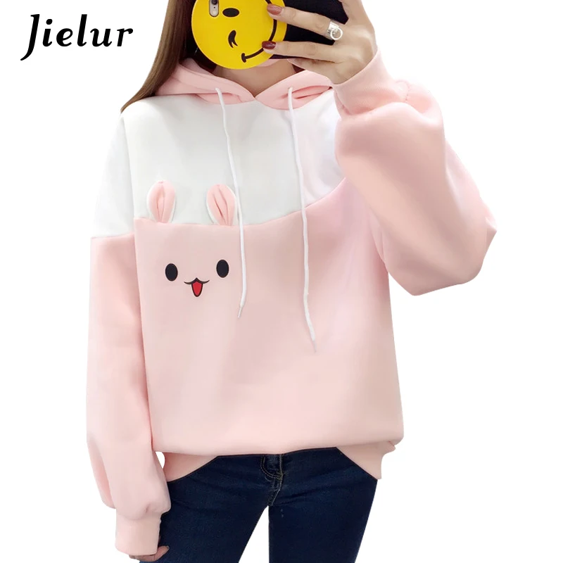 

Jielur Hipster Kawaii Rabbit Cartoon Hoodie Kpop Japanese Hit Color Pink Sweatshirt Harajuku Fleece Warm Cute Winter Coat Women