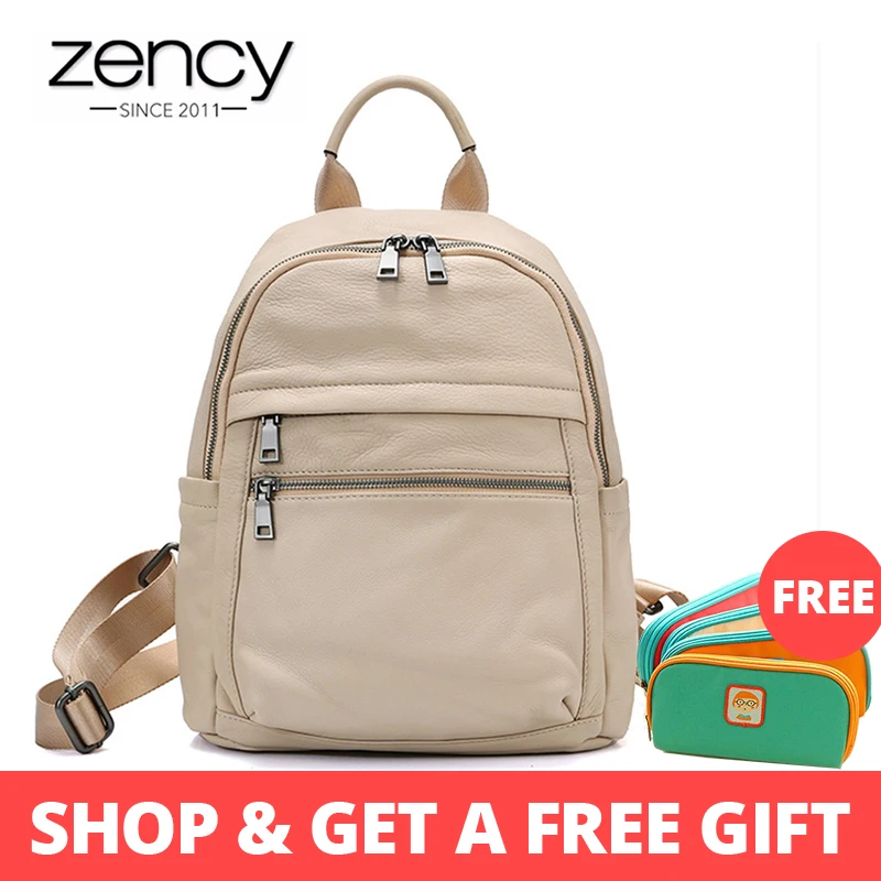 

Zency Simple Style Women Backpack 100% Genuine Leather Daily Casual Knapsack Girl's Schoolbag Vocation Travel Bag Beige Black