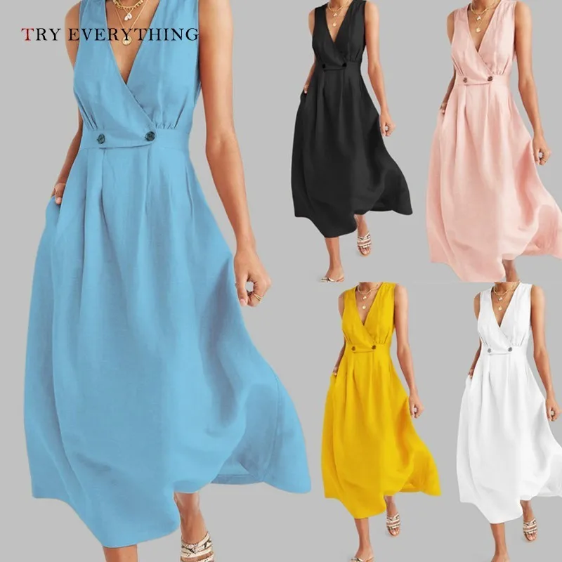 

Women Plus Size Summer Dress 2019 Sleeveless Blue Cotton Beach Dress A Line Ladies Button White Loose Casual Dresses 3XL 4XL 5XL