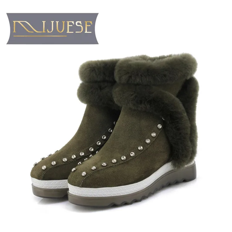 

MLJUESE 2019 women Mid-calf boots cow Suede rabbit hair crystal winter warm short plush fur female flat boots snow boots