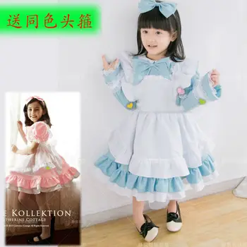 

2pcs/set Girl Alice Cosplay Costume Kids Maid Sailor Lolita Dress Blue Pink Girl Cosplay Costume Free Headwear