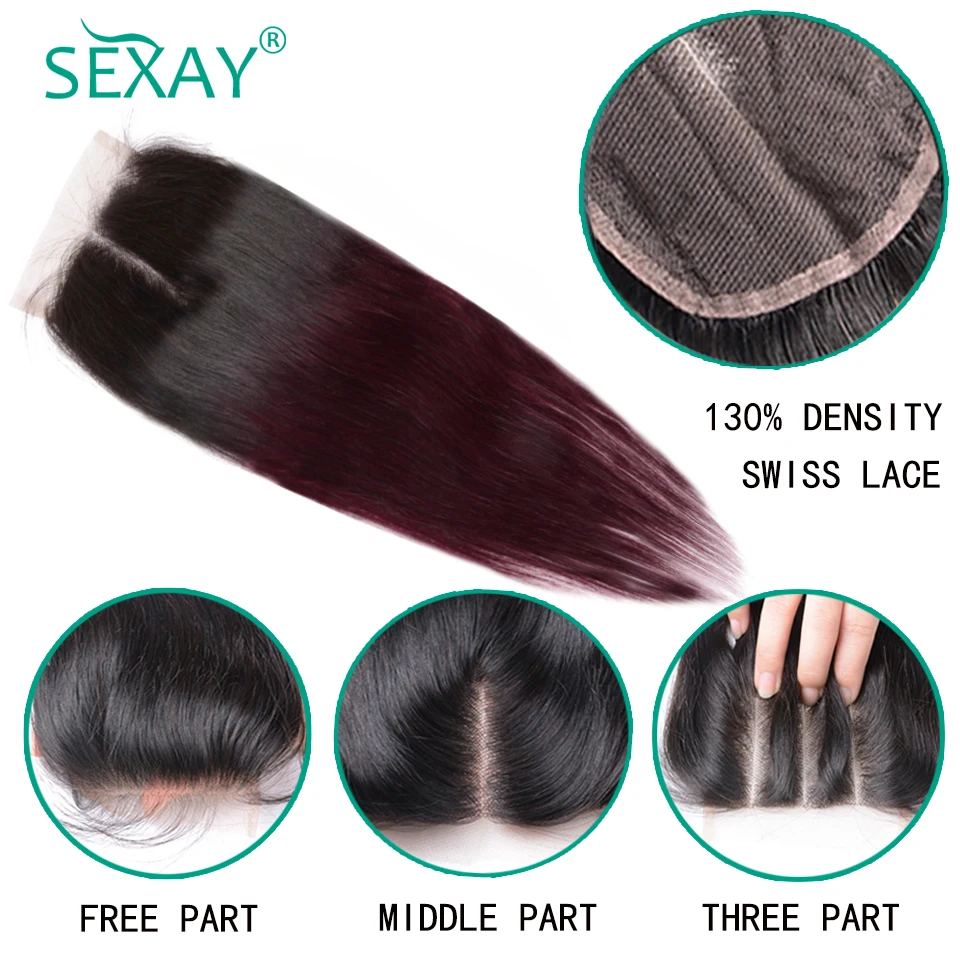 Ombre Hair 3 Bundles With Closure Sexay Professional 1B/99J Burgundy Dark Wine Red 100% Human Hair Brazilian Straight Human Hair