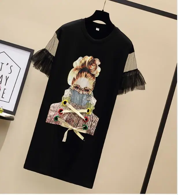 

Plus Size Women's T-shirt Dresses Fashion Streetwear Girl Printed Mesh Patchwork Butterfly Sleeve Dresses