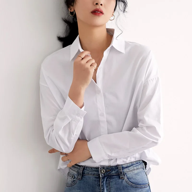 

Chic White Women Blouse Shirt Turn-down Collar Full-sleeve Female Blouses Tops 2019 Summer Basic blusas mujer
