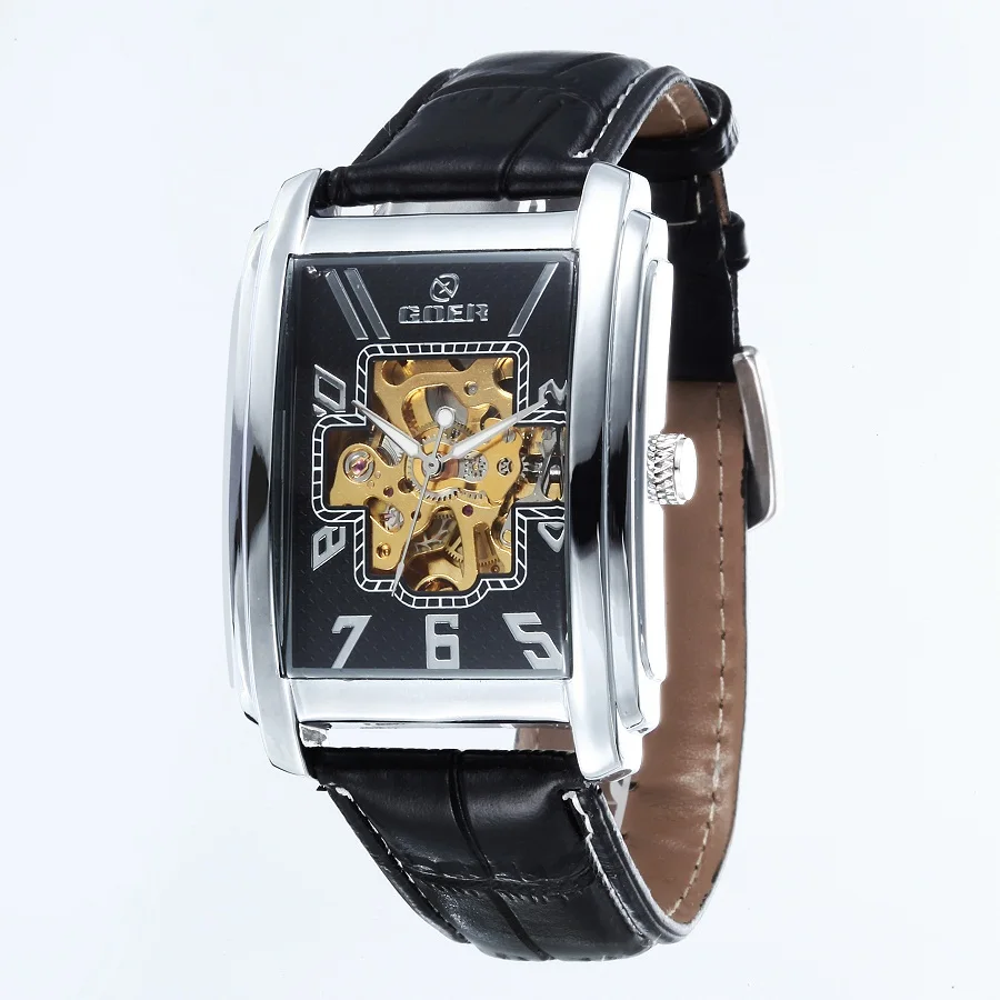 GOER brand Skeleton man automatic watch Men s wrist square watch Leather mechanical waterproof Luminous digital