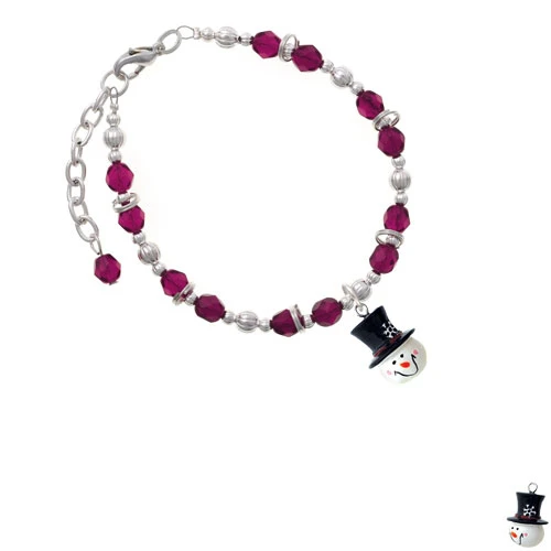 Resin Snowman Head with Top Hat Magenta Beaded Bracelet