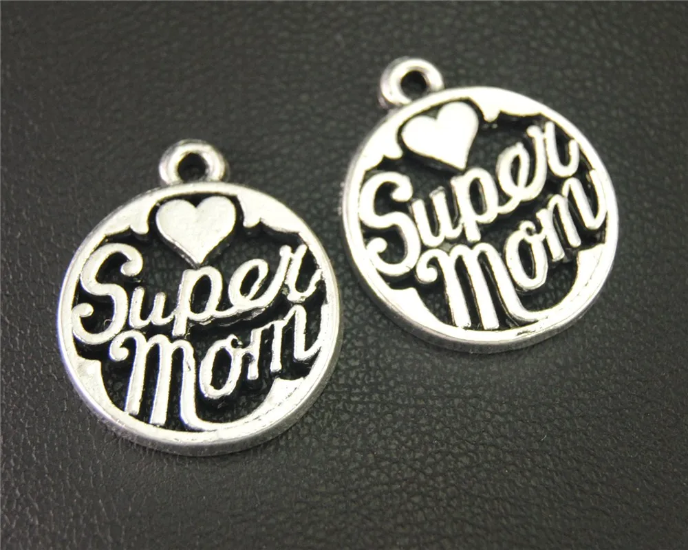15pcs Silver Color Super Mom Round Charm Pendant DIY Necklace Bracelet Bangle Findings 22x19mm A1897 |