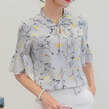 2018 Fashion Blusa Korean Cotton Half Sleeve Top Women's Shirt Summer Blouses Plus Size Tie Sexy Tops Chiffon Printing Blouse